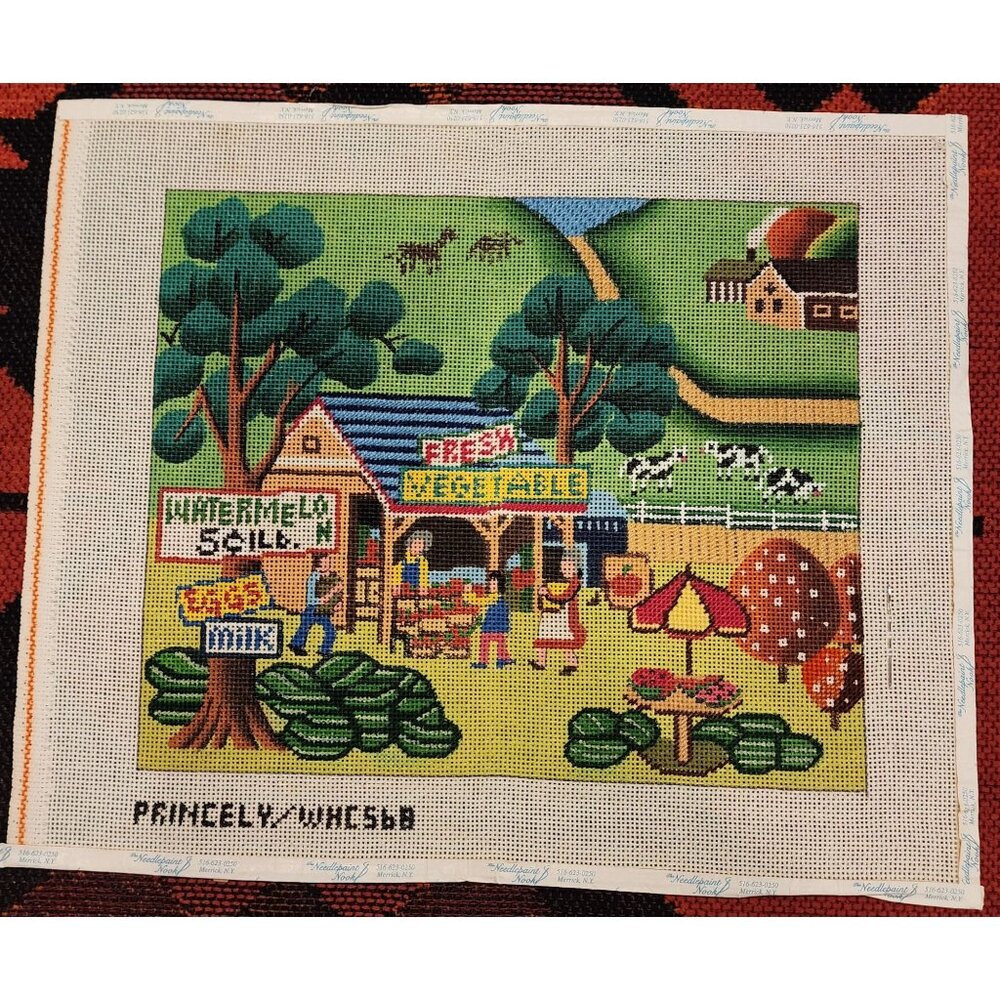 Hand-Painted Needle Point Farm Market Wall Art - Colorful Countryside Scene